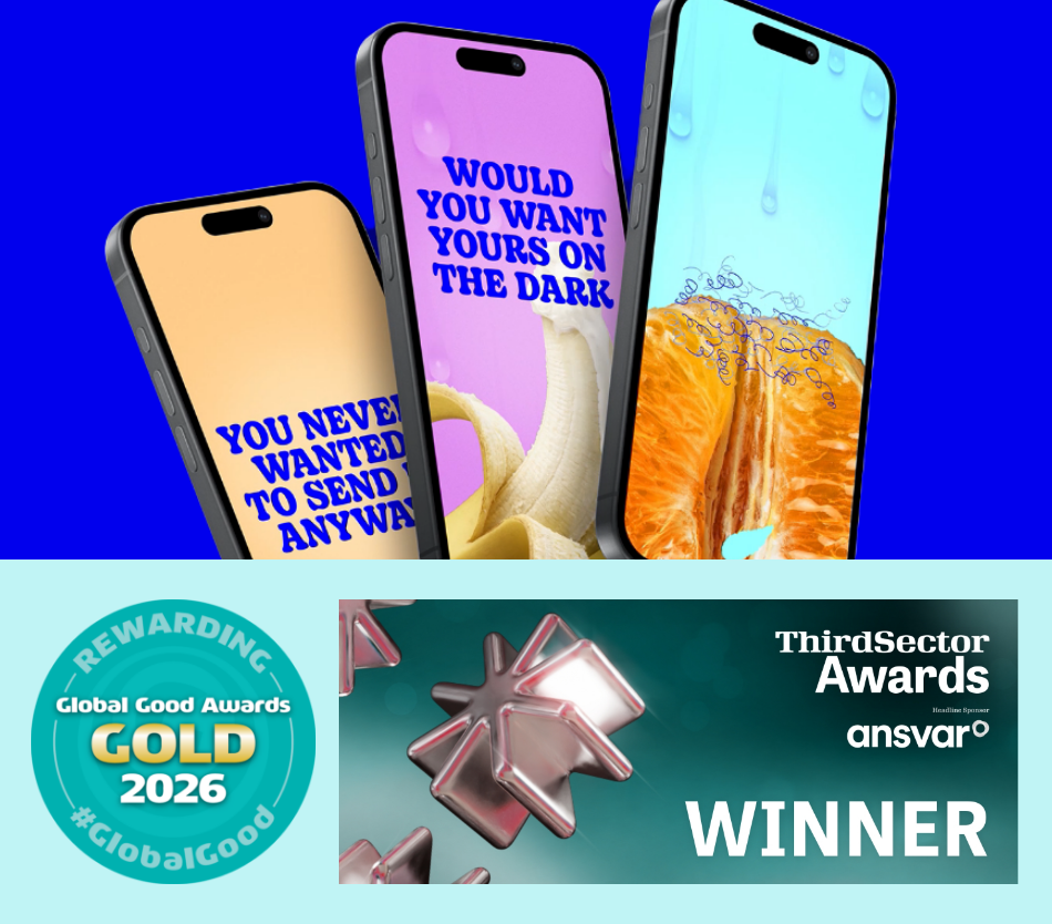 Three angled smartphones with bold text on their screens against a blue background; bottom displays Global Good Awards Gold 2026 and ThirdSector Awards Winner badges.
