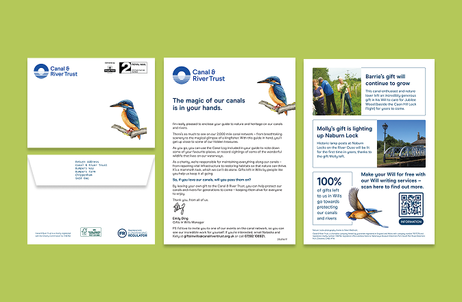 Tri-fold Canal & River Trust brochure with a kingfisher illustration; left panel shows letterhead and envelope, middle panel presents a welcome message, and right panel highlights gift stories and a QR code.