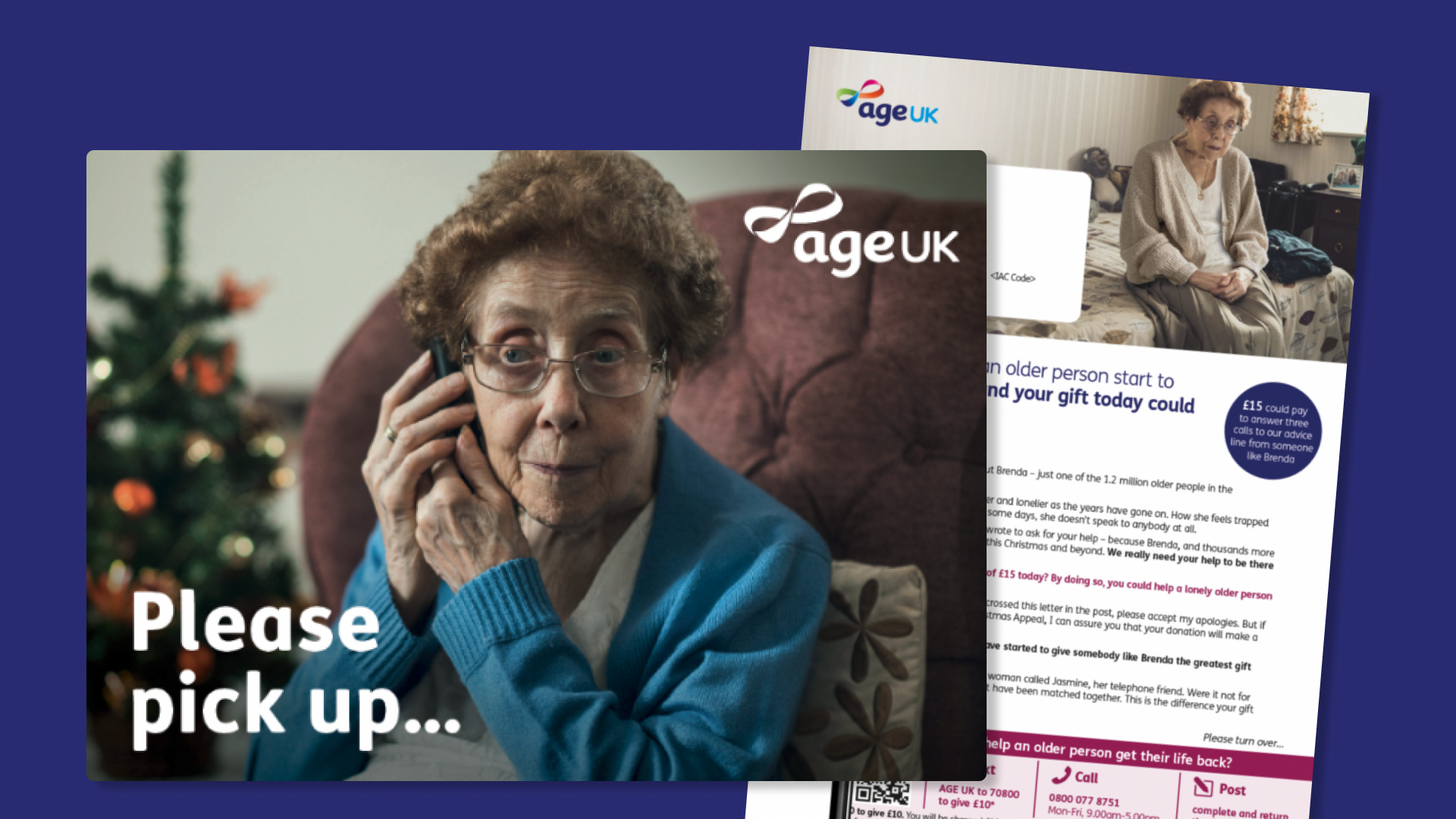 Visuals from AgeUK's Christmas direct mail including a cover image of an elderly woman and the text 'Please pick up...'.