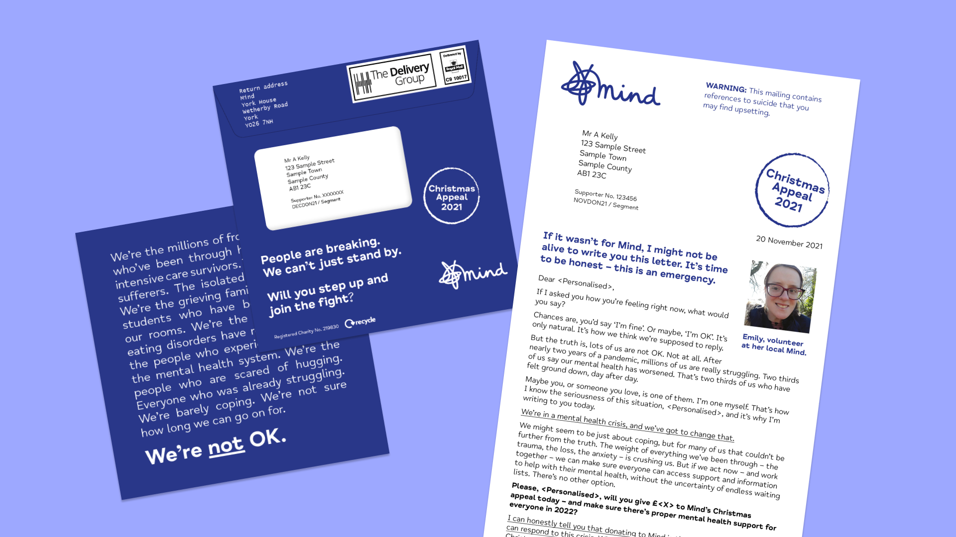 Visuals of the envelope outer and letter for Mind's Christmas DM